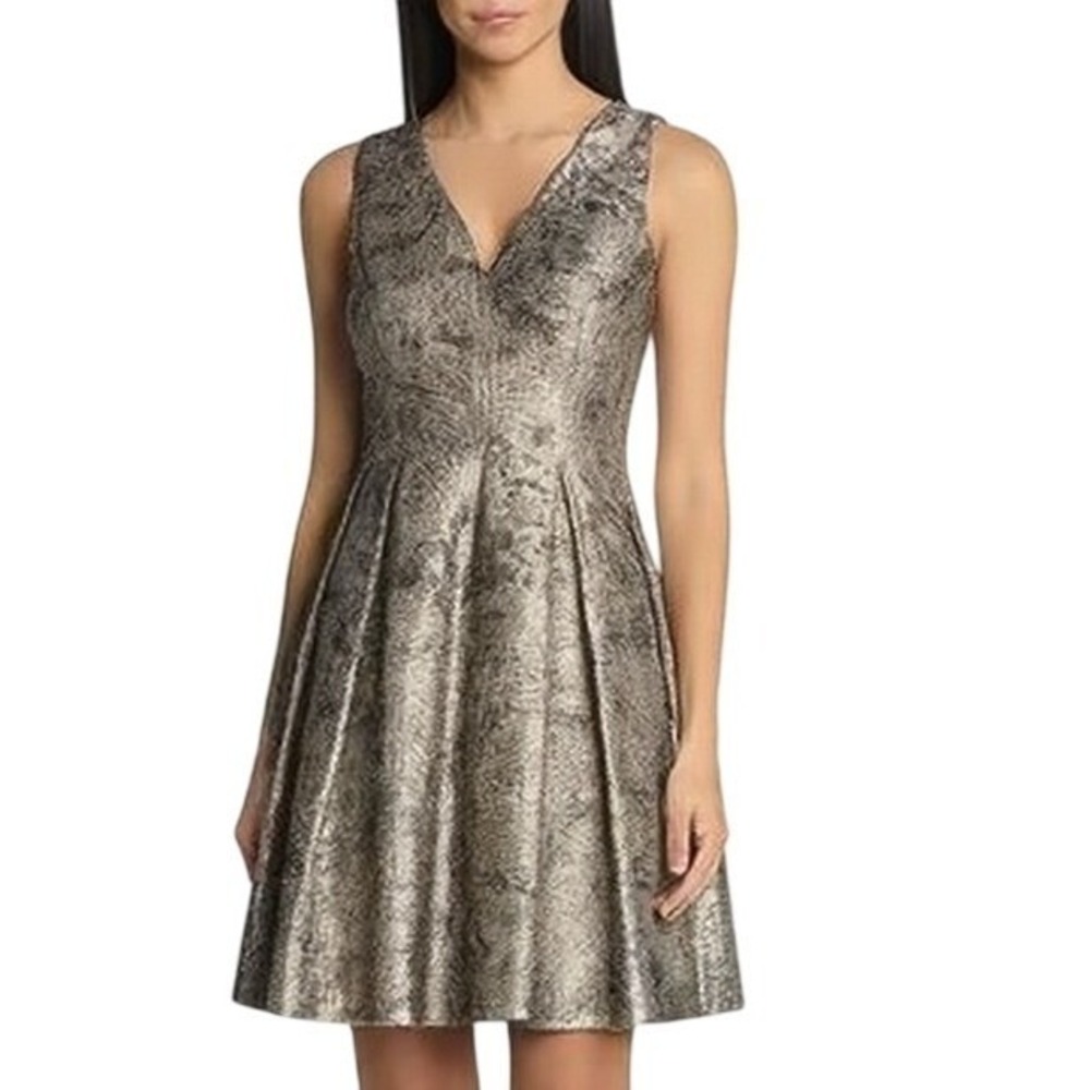 vince camuto dress gold | Dresses | Vince Camuto Cocktail 4 Black Metallic Jacquard Floral Fit Flare Midi dress
